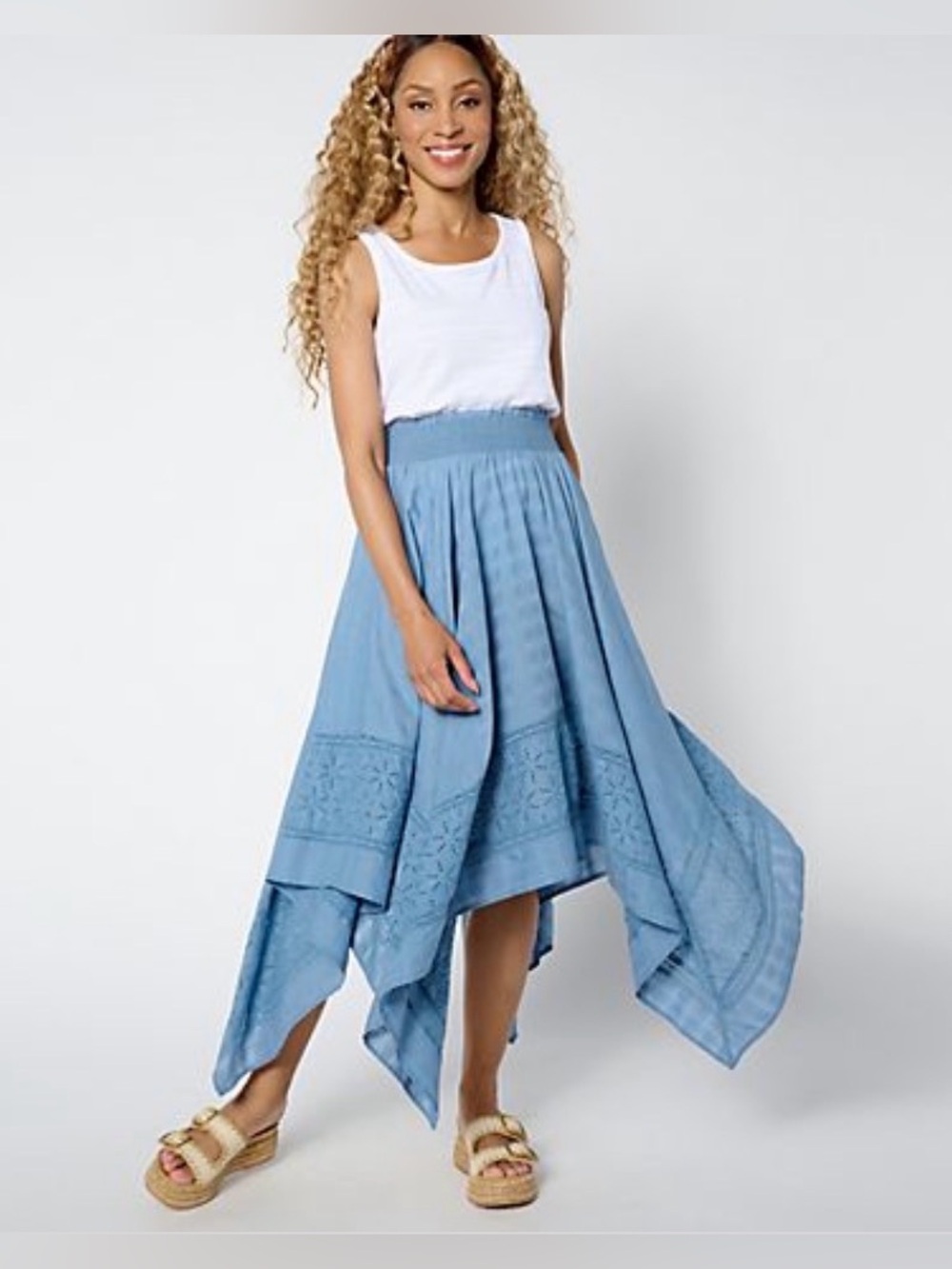 NWT Destination 365 Petite Handkerchief Hem Midi Skirt Plus Size 3X Blue QVC
